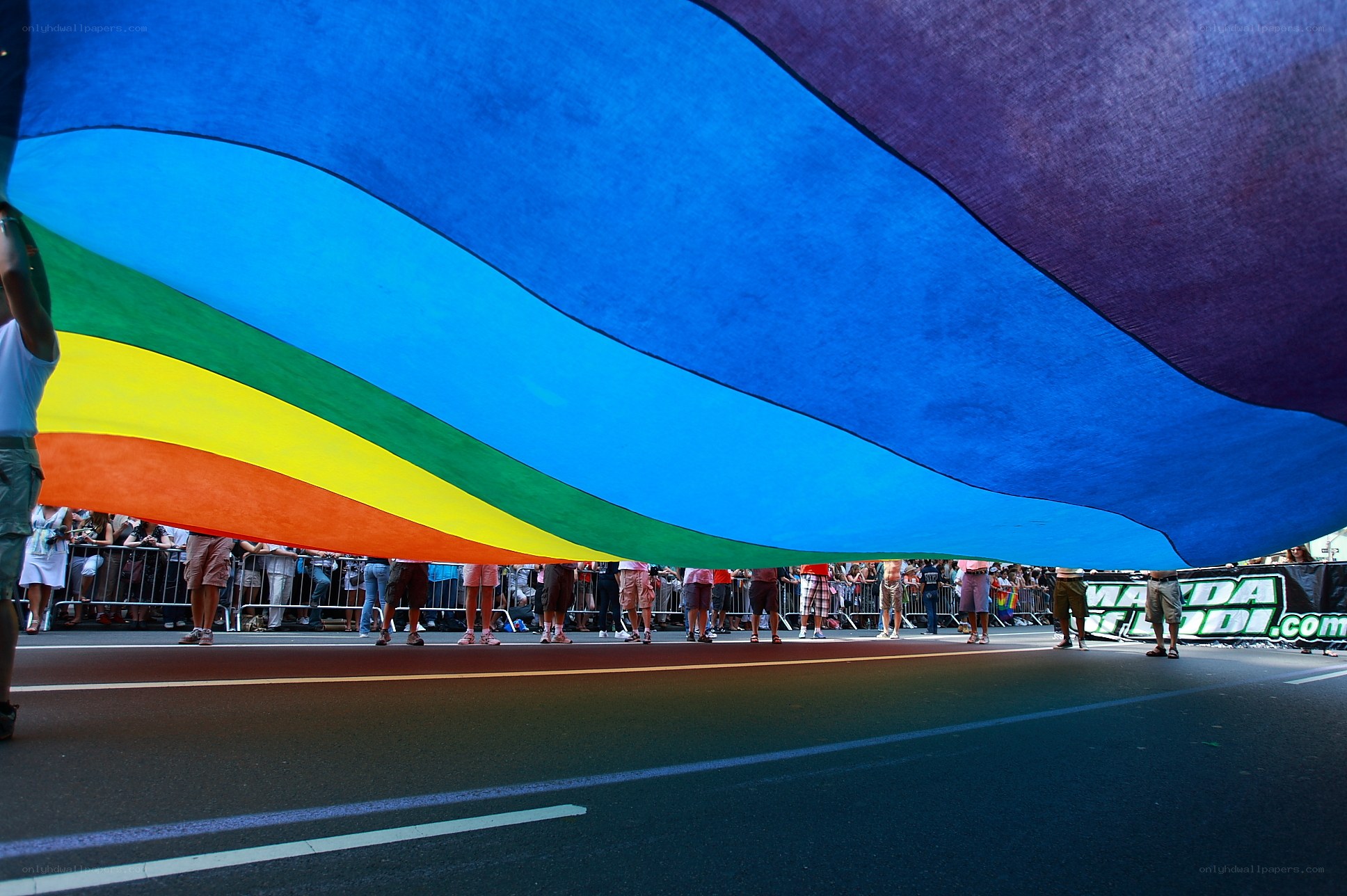 Rainbow flag at a parade