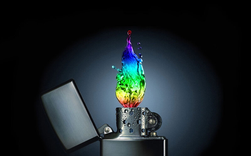 Rainbow Flame Lighter — Black, Dramatic, Photograph