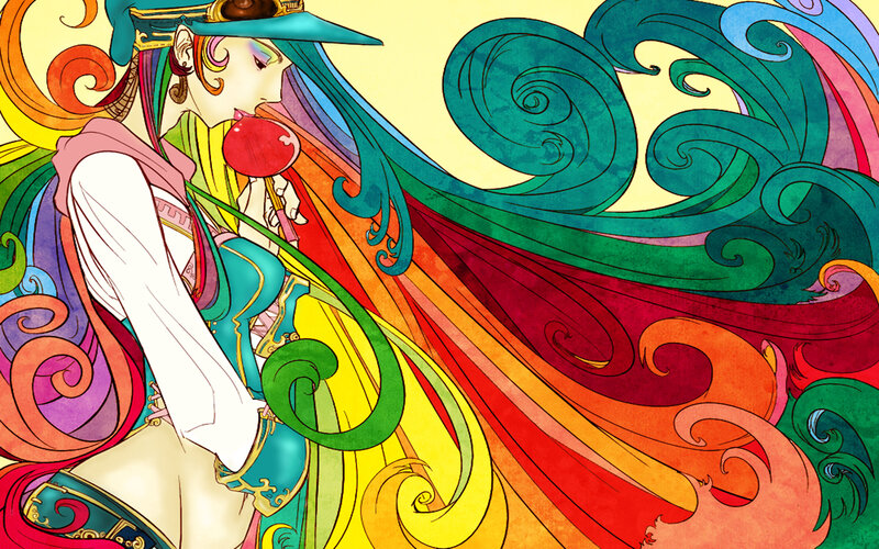 rainbow-haired character with lollipop