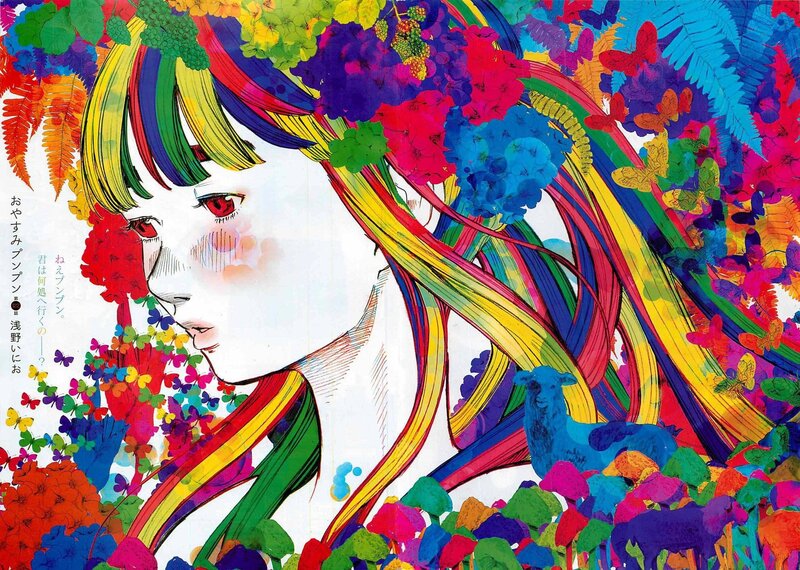 Rainbow-haired girl in floral world