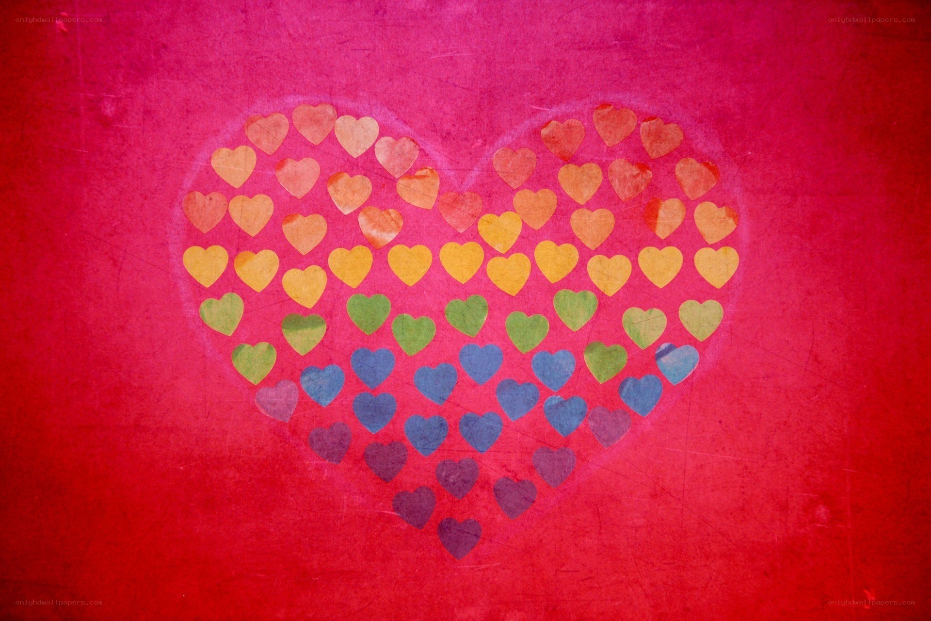 Rainbow hearts on red
