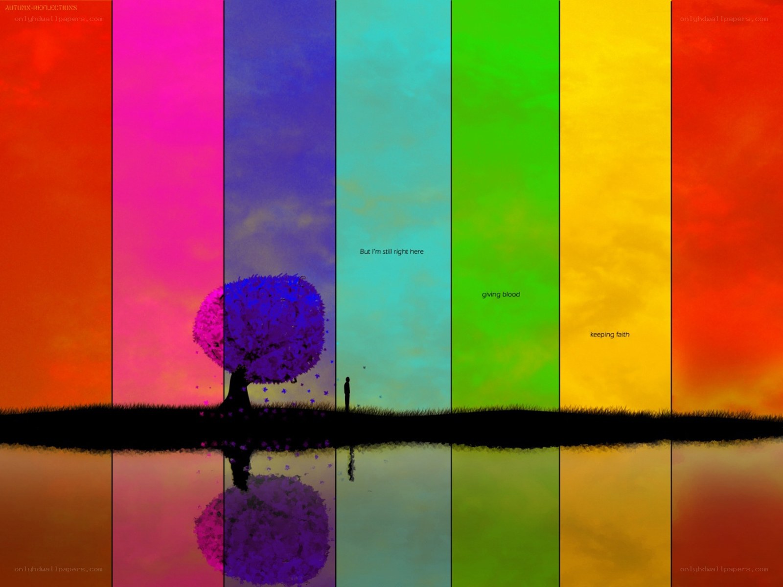 Rainbow landscape with tree and silhouette