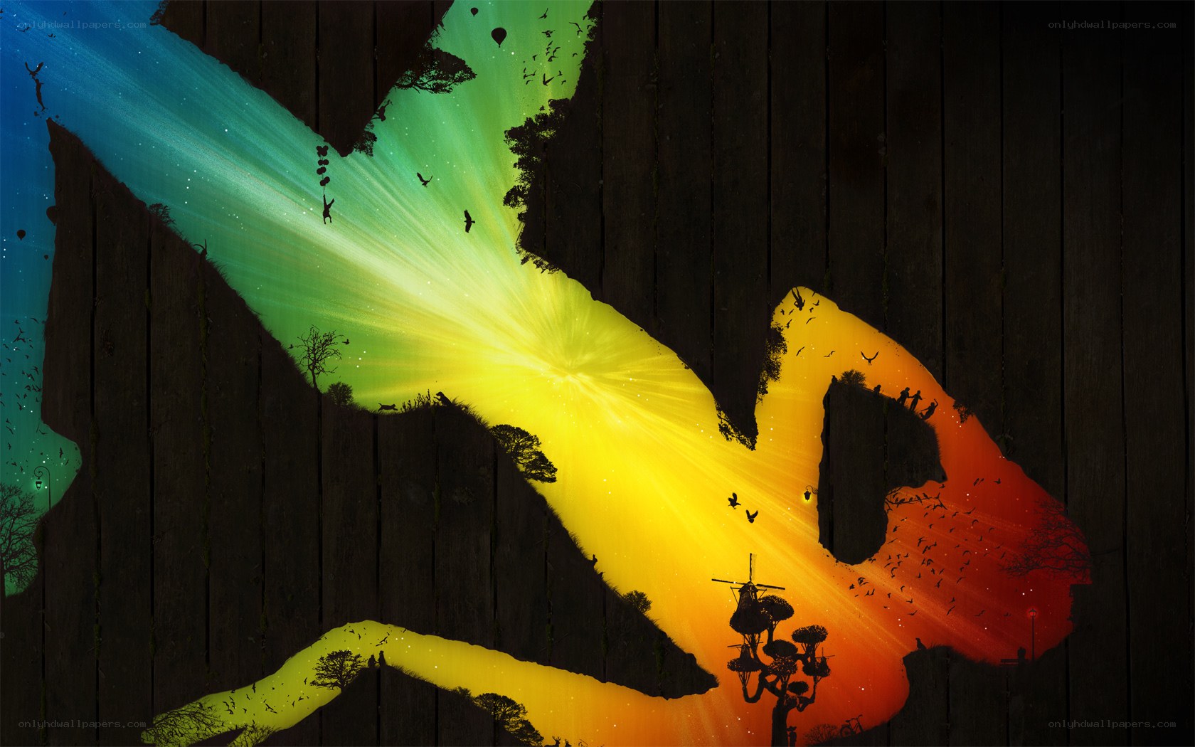 rainbow light through wooden cutout