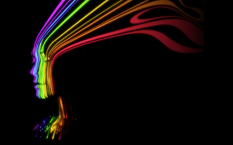 Rainbow light trails form a face