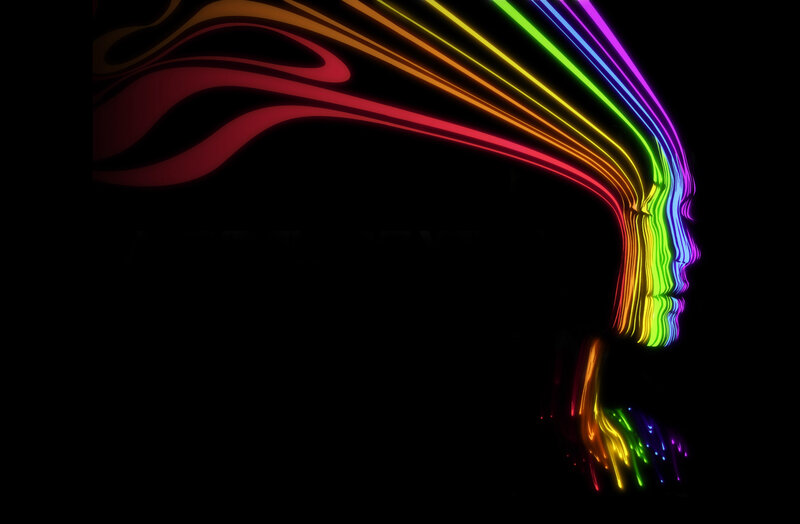 rainbow light trails form a face