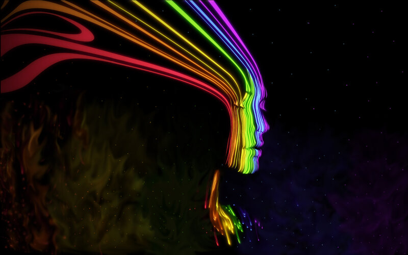 Rainbow light trails form a face