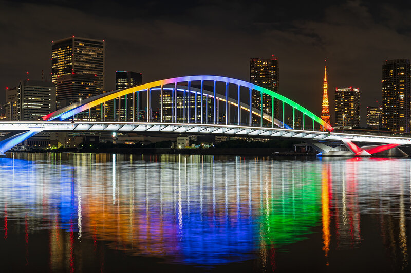 Rainbow-lit Bridge at Night — Blue