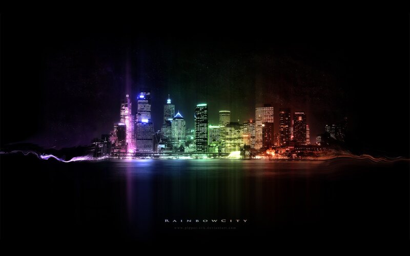 Rainbow-lit City Skyline