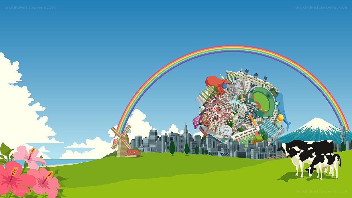 Rainbow over a city collage