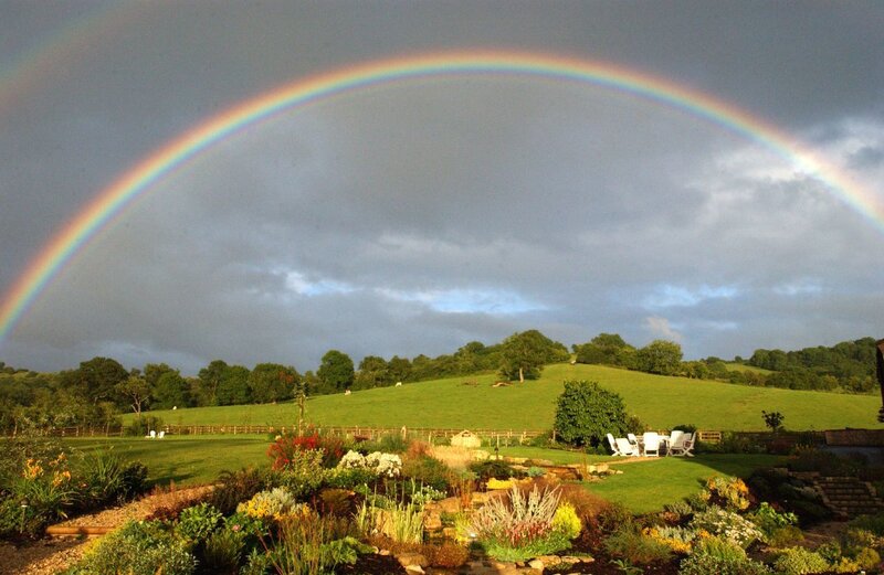 Rainbow over a garden