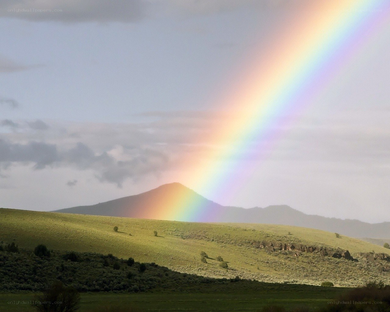 Rainbow over a green hill