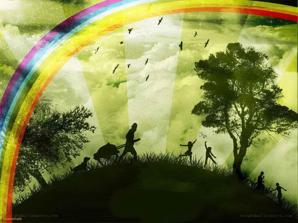 Rainbow over a hill with silhouettes