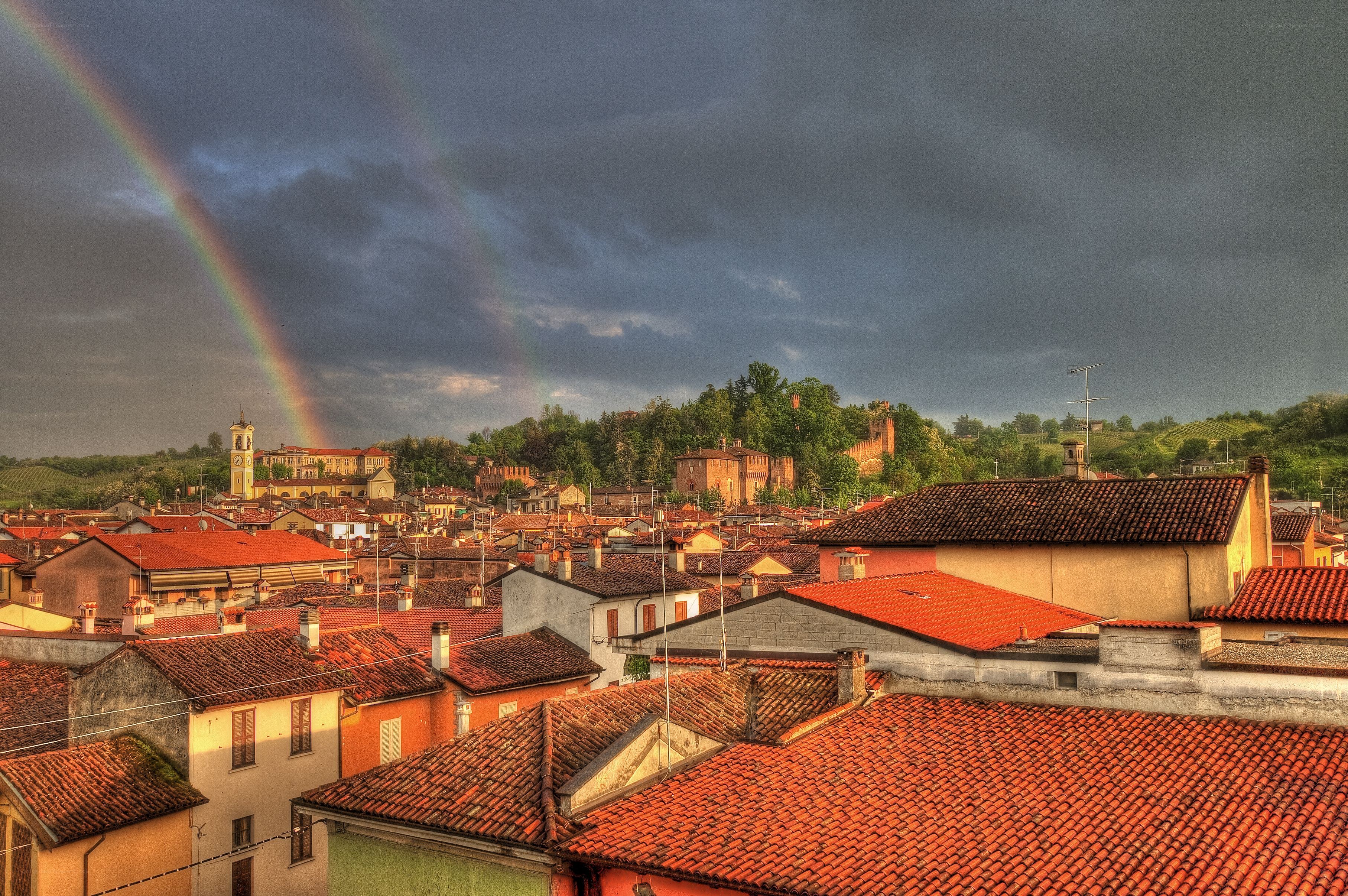 Rainbow over a historic town