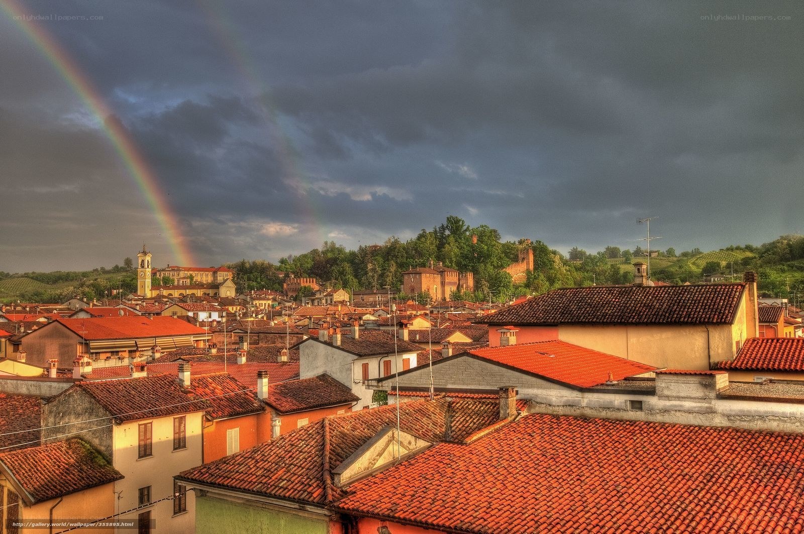Rainbow over a historic town