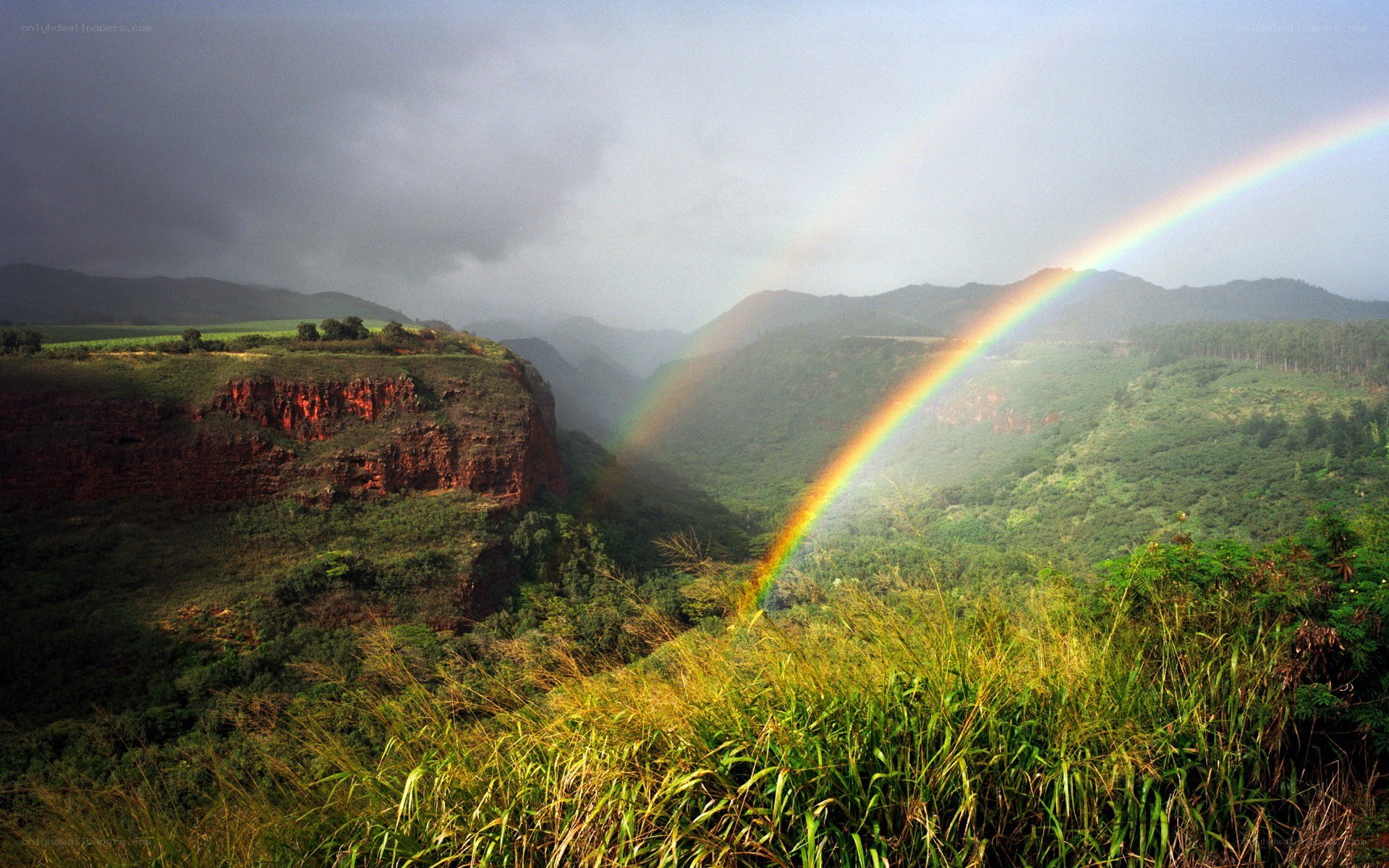 Rainbow over a lush valley