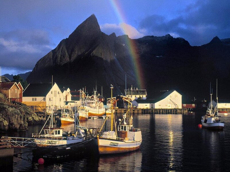 Rainbow over a Norwegian fishing village
