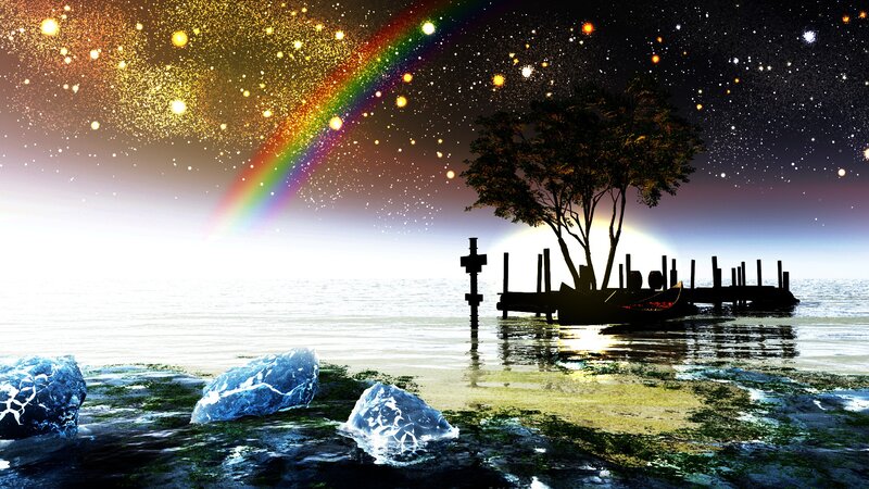 Rainbow over a serene dock