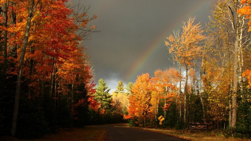 Rainbow over Autumn Road — Orange, Dramatic