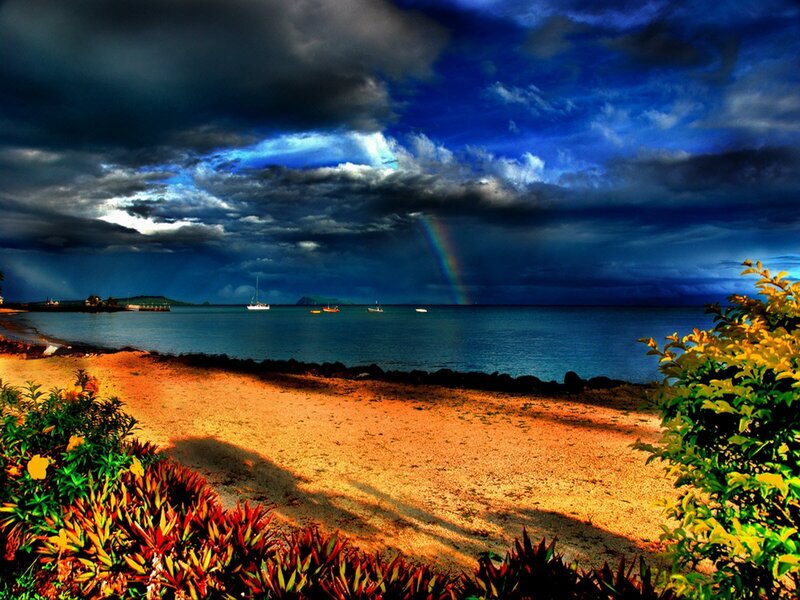 Rainbow over Beach — Blue, Dramatic, Afternoon, Photograph, Boats, Clouds