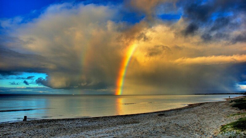 Rainbow over Beach — Blue, Dramatic, Sunset
