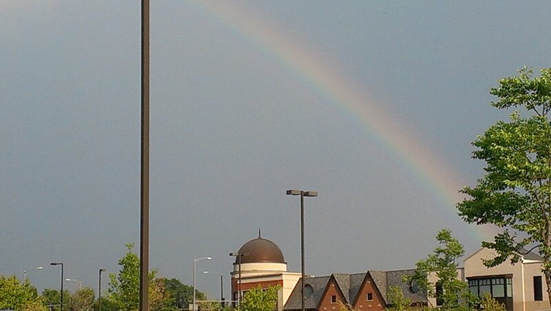 Rainbow over Buildings — Gray, Calm