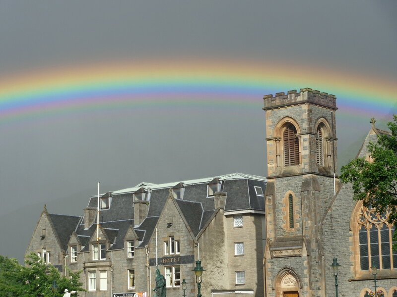 Rainbow over Buildings — Gray, Dramatic, Afternoon