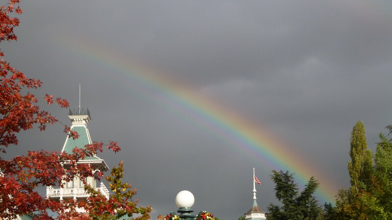 Rainbow over Buildings — Gray, Dramatic