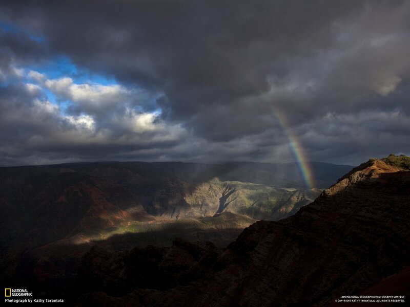 Rainbow over Canyon — Gray, Dramatic, Afternoon, Photograph, Clouds, Mountains