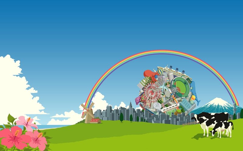 Rainbow over city collage