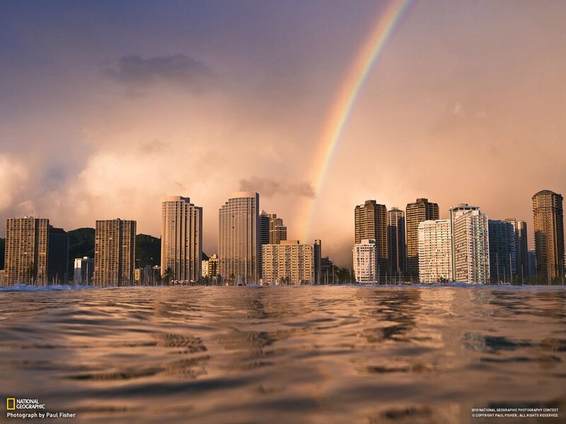 Rainbow over City Skyline — Orange