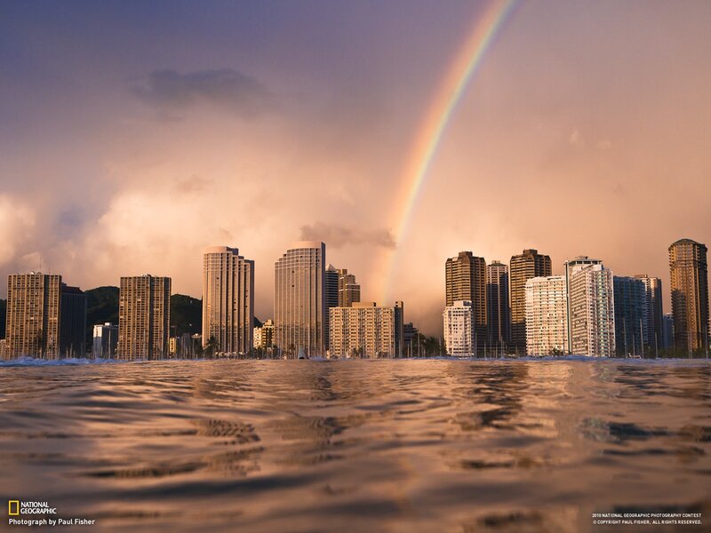 Rainbow over City Skyline — Purple, Dramatic
