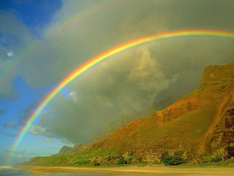 Rainbow over Coastal Cliffs — Green, Dramatic, Afternoon, Photograph