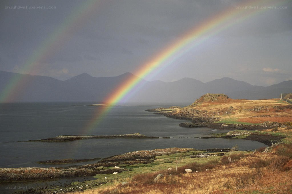 Rainbow over coastal landscape