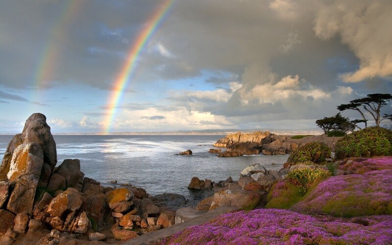 Rainbow over coastal rocks