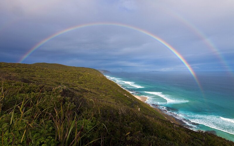 Rainbow over Coastline — Blue, Dramatic