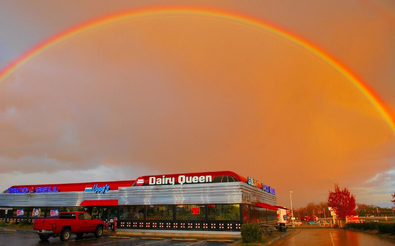 Rainbow over fast food restaurant