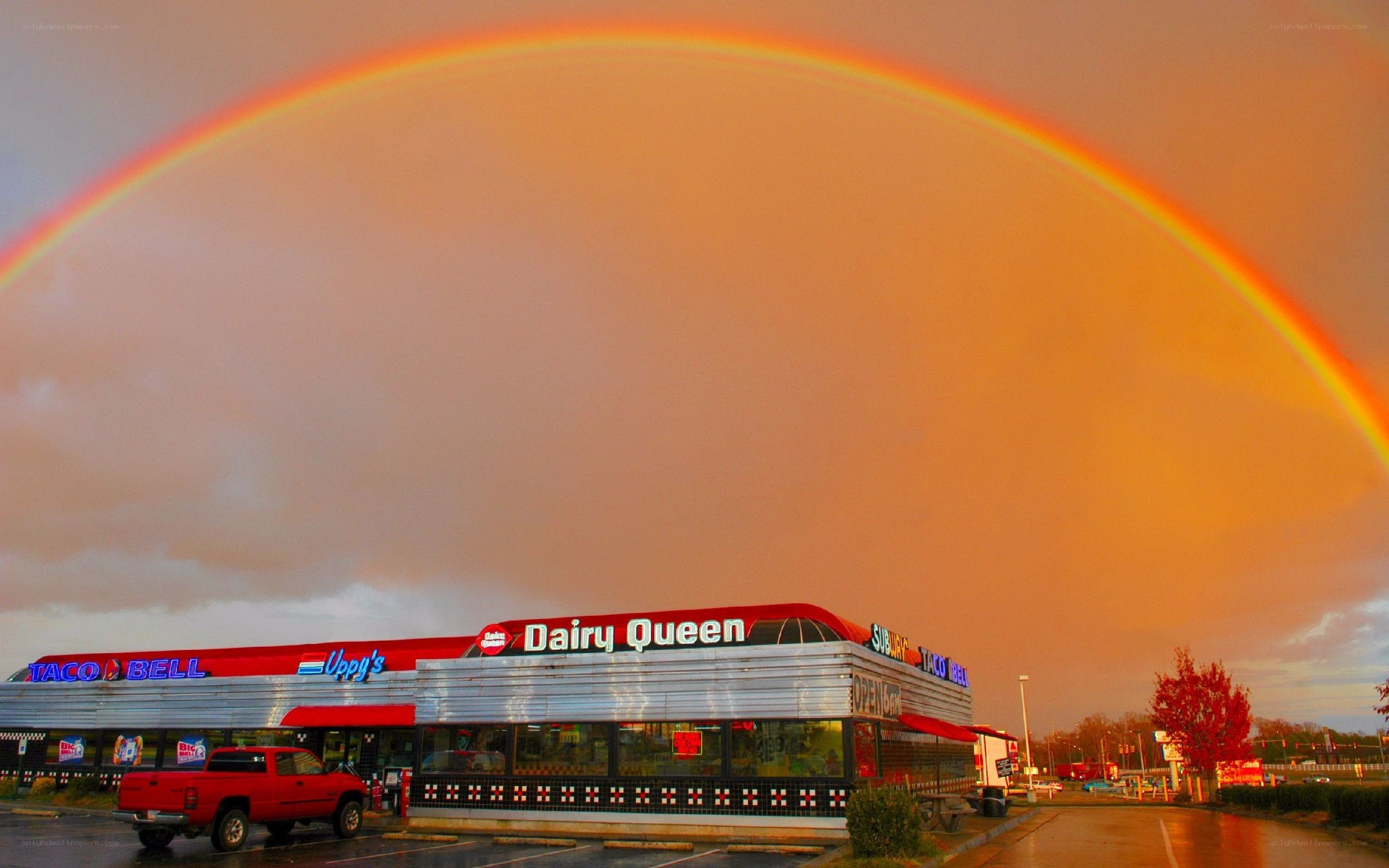 Rainbow over fast food restaurant