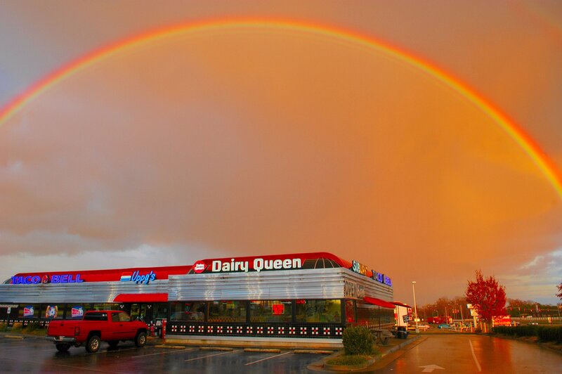 Rainbow over fast food restaurant