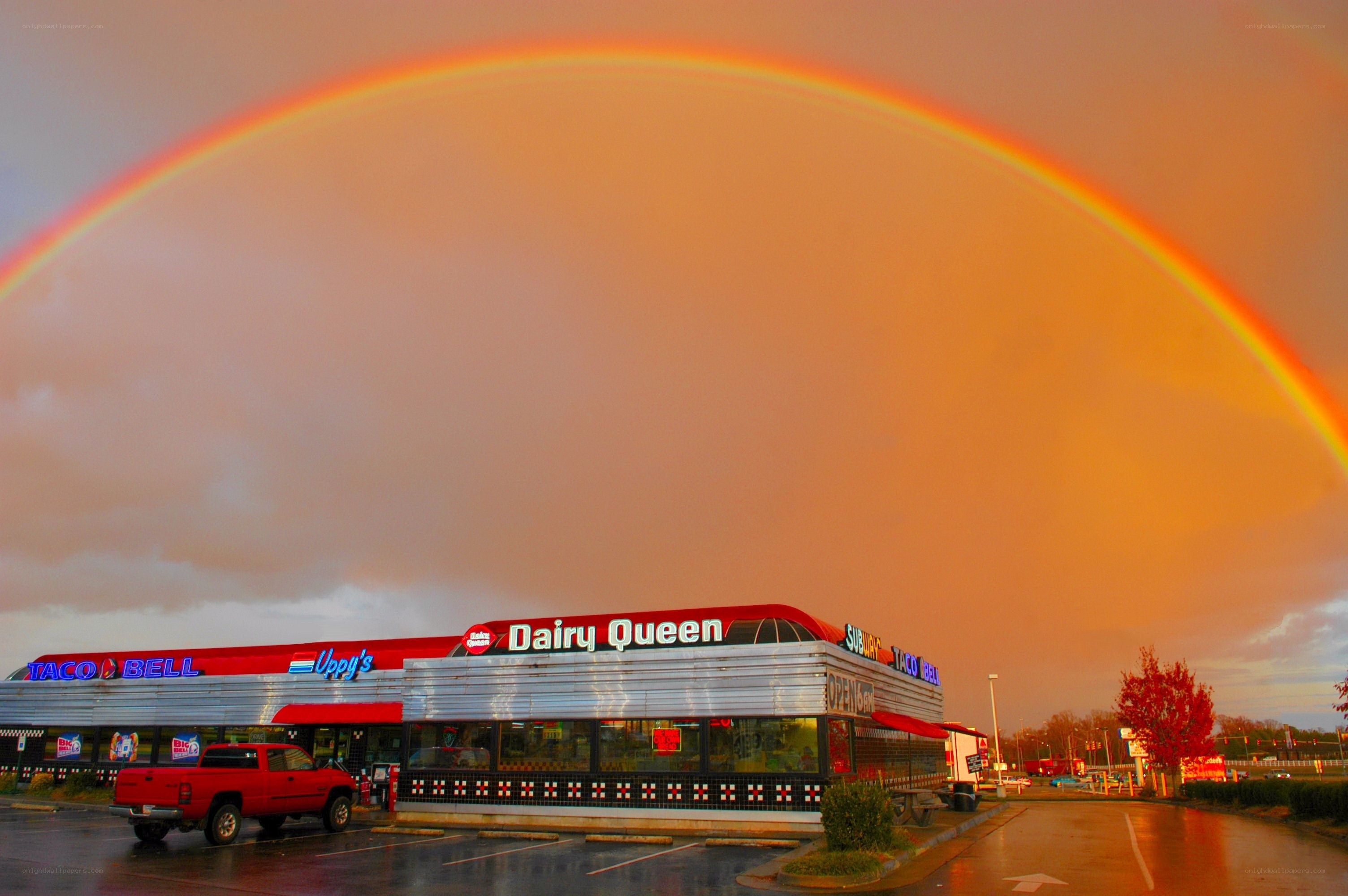 Rainbow over fast food restaurant