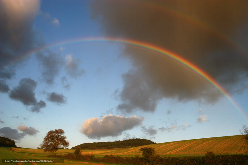 Rainbow over Fields — Blue, Serene, Sunset