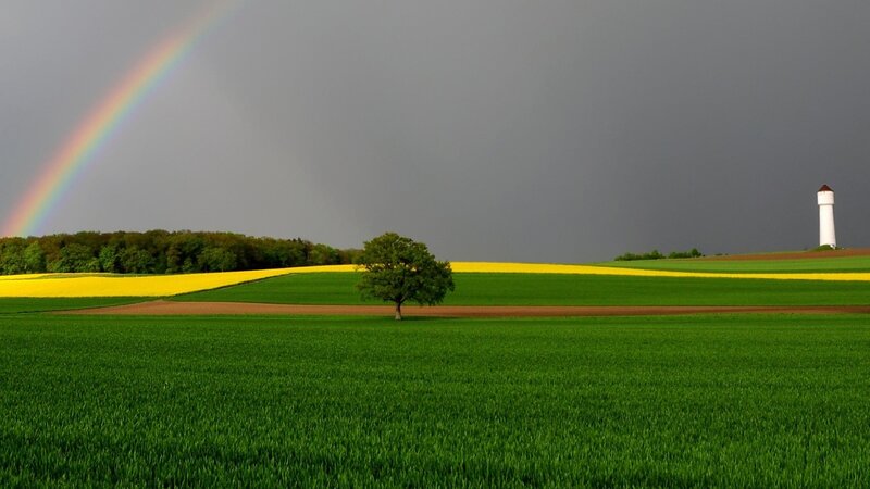 Rainbow over Fields — Green, Dramatic, Afternoon, Photograph, Tree, Lighthouse, Forest