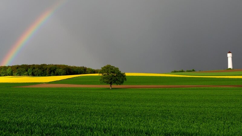 Rainbow over Fields — Green, Dramatic, Afternoon, Photograph, Tree, Lighthouse