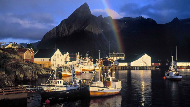 Rainbow over fishing village