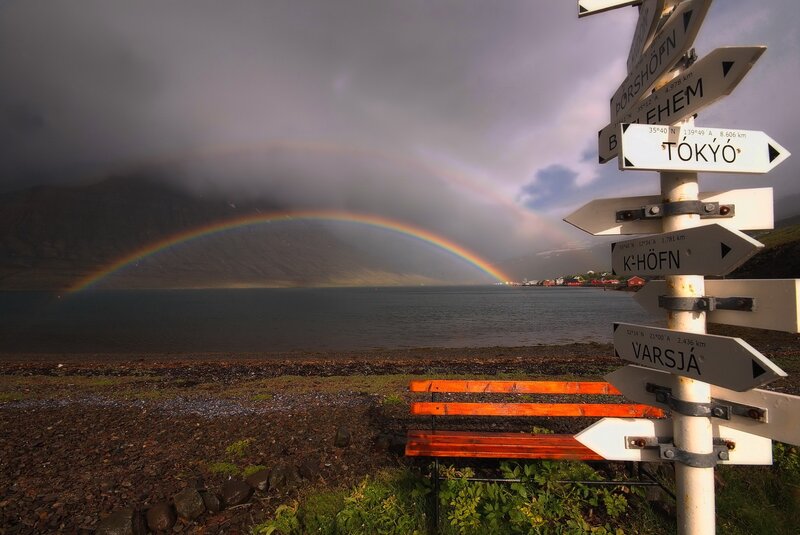 Rainbow over Fjord — Gray, Dramatic