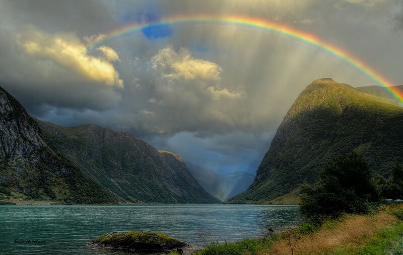 Rainbow over Fjord — Green, Dramatic, Afternoon