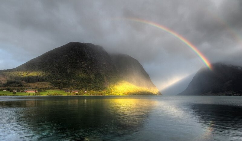 Rainbow over Fjord — Green, Dramatic