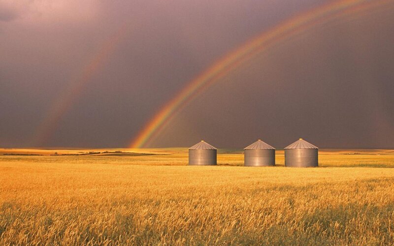 Rainbow over grain silos