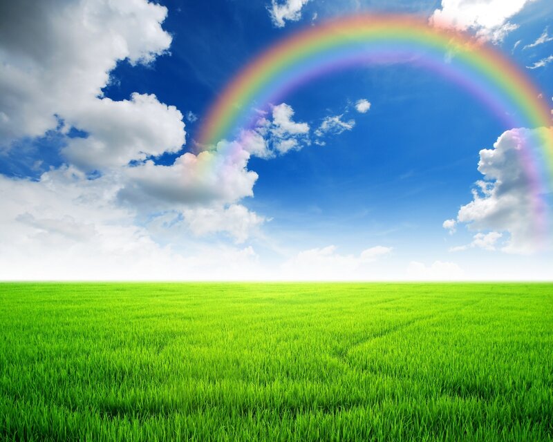 Rainbow over Green Field — Serene, Afternoon, Photograph, Clouds