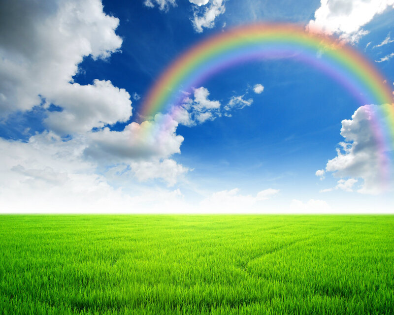 Rainbow over Green Field — Serene, Afternoon, Photograph, Sky, Clouds