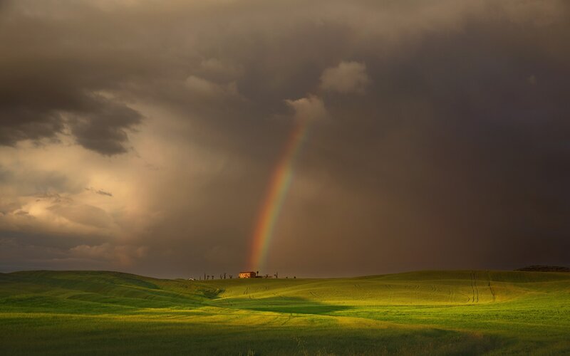 Rainbow over Green Hills — Dramatic, Afternoon, Photograph, Clouds